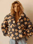 Casaco Feminino de Inverno Floral Cinza em Fleece Upper