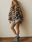 Casaco Feminino de Inverno Floral Cinza em Fleece Upper
