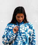 Casaco Feminino de Inverno Floral Azul em Fleece Upper