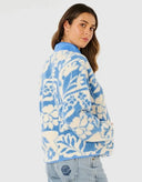 Casaco Feminino de Inverno Floral Azul em Fleece Upper