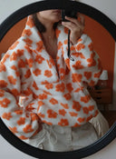 Casaco Feminino de Inverno Floral Laranja em Fleece Upper
