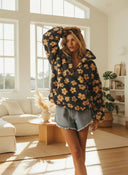 Casaco Feminino de Inverno Floral Cinza em Fleece Upper
