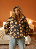 Casaco Feminino de Inverno Floral Cinza em Fleece Upper