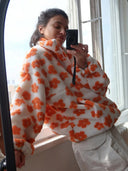 Casaco Feminino de Inverno Floral Laranja em Fleece Upper