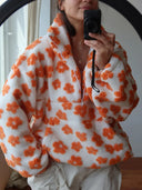 Casaco Feminino de Inverno Floral Laranja em Fleece Upper